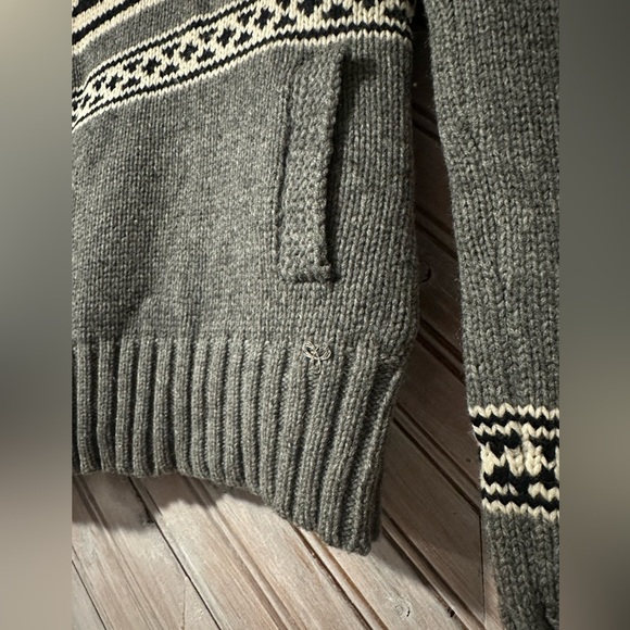 TNA Cable Knit Grey Cream Patterned Cowl V Neck Button Sweater Pullover Basic - Picture 3 of 7